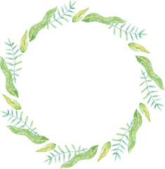 Watercolor Round Frame with Green Leaves