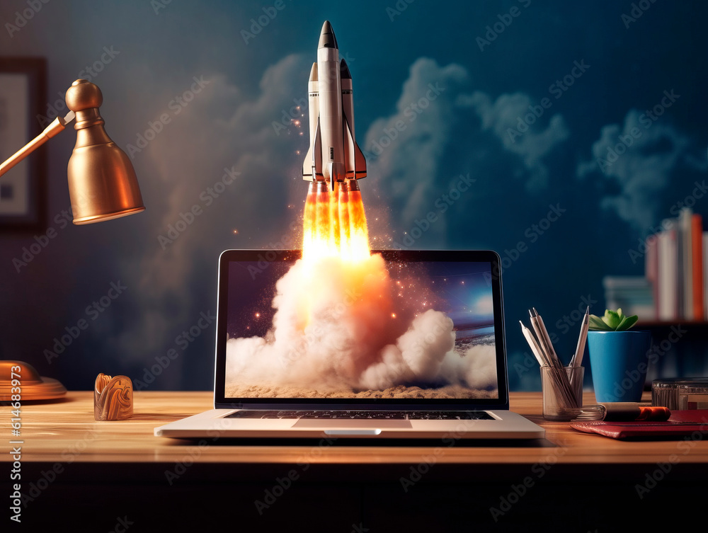 Aufkleber Rocket starts from computer device screen. Spaceship launch from Laptop. Concept of a successful start up of a business. Creative idea, education online. Ai Generative illustration