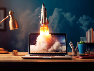 Rocket starts from computer device screen. Spaceship launch from Laptop. Concept of a successful start up of a business. Creative idea, education online. Ai Generative illustration