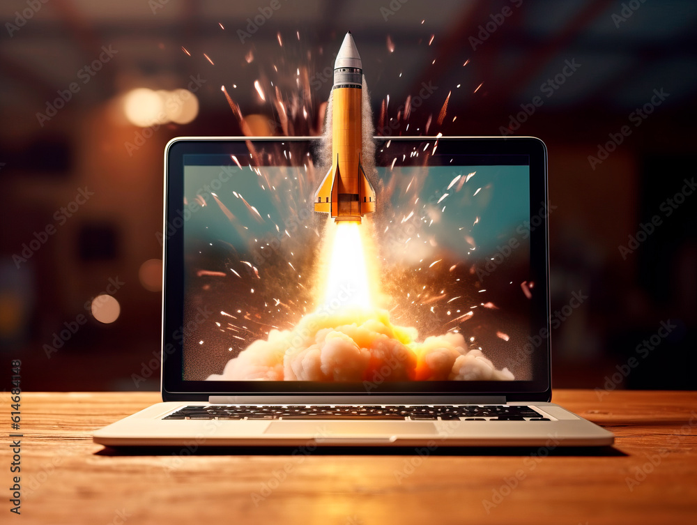 Aufkleber Rocket starts from computer device screen. Spaceship launch from Laptop. Concept of a successful start up of a business. Creative idea, education online. Ai Generative illustration