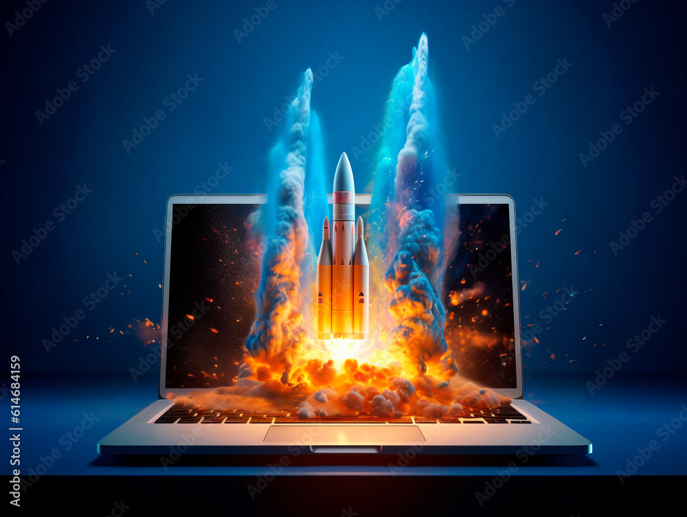 Aufkleber Rocket starts from computer device screen. Spaceship launch from Laptop. Concept of a successful start up of a business. Creative idea, education online. Ai Generative illustration