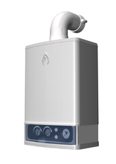 3d Illustration Gasheizung, Gas- Wassertherme in weiß mit Ofenrohr und Bedienelemente freigestellt, transparent