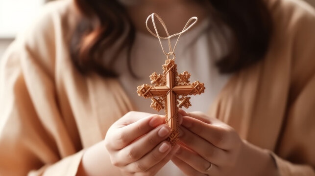 Illustration of a woman holding a cross in her hands with a peaceful expression