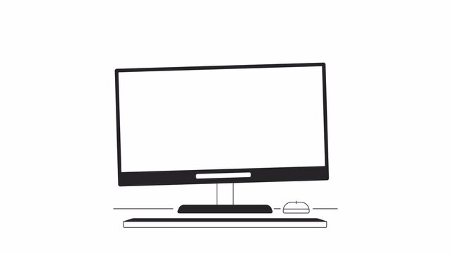 Crashed pc monitor bw animation. Flat outline style icon 4K video footage for web design. Damaged hardware isolated monochrome thin line animated object on white background, alpha channel transparency