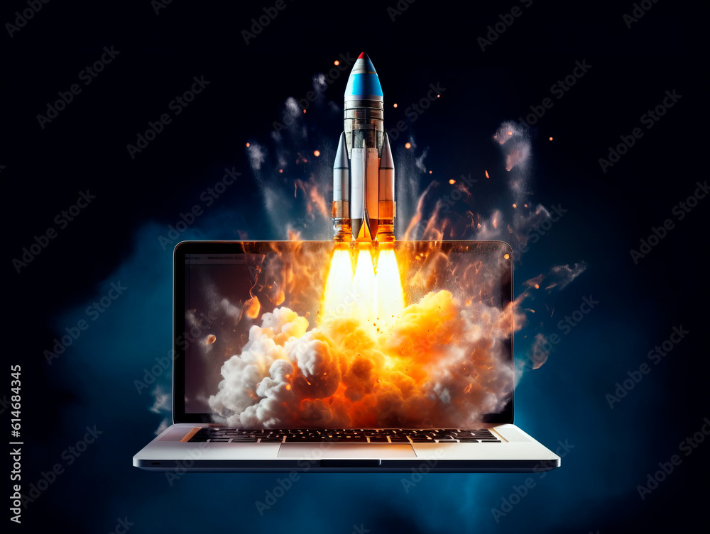 Aufkleber Rocket starts from computer device screen. Spaceship launch from Laptop. Concept of a successful start up of a business. Creative idea, education online. Ai Generative illustration