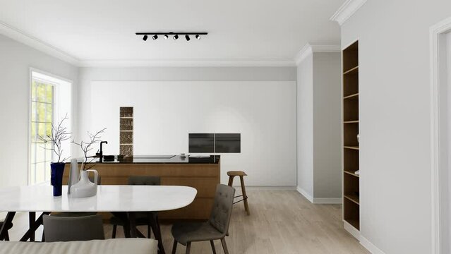 Interior of a light minimalist kitchen-studio with a wooden island. 
