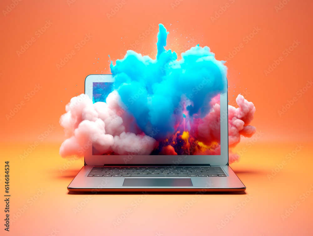 Poster Explosion starts from computer device screen. Launch of new business idea from Laptop. Concept of a successful start up of a business. Education online. Ai Generative illustration