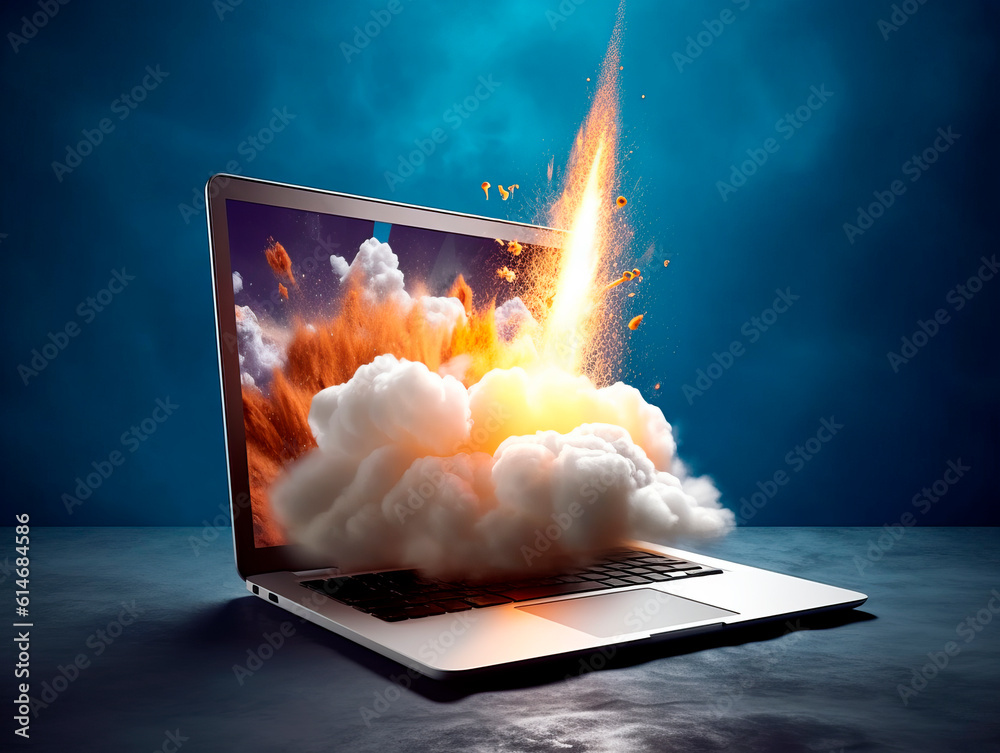 Poster Explosion starts from computer device screen. Launch of new business idea from Laptop. Concept of a successful start up of a business. Education online. Ai Generative illustration