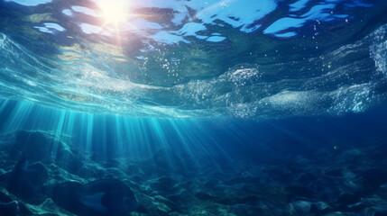 Illustration of sun rays shining through the clear blue ocean water