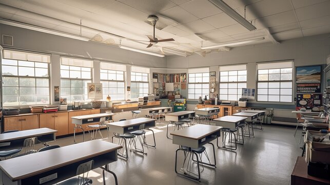 Captivating interior: exploring a traditional school classroom with rustic wooden flooring and furniture - Back to school concept, Generative AI