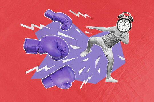 Artwork collage picture of black white colors mini guy bell ring clock instead head fight big boxing gloves isolated on red background
