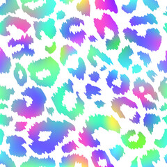 Fototapeta na wymiar Trendy Neon Leopard seamless pattern. Vector rainbow wild animal cheetah skin, gradient leo texture with neon spots on white background for fashion print design, textile, wrapping paper, backgrounds