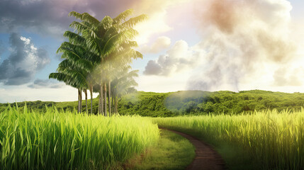 Agriculture, Sugarcane field at sunset. Sugar cane plant tree in countryside for food industry or renewable bioenergy power.
