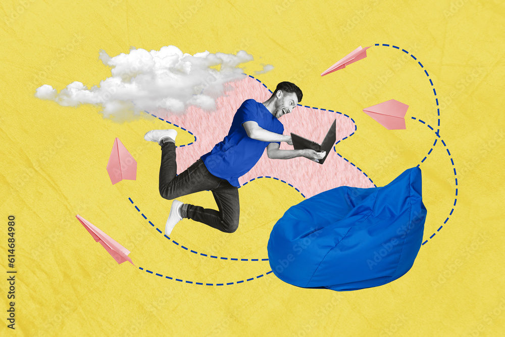 Aufkleber creative collage picture of black white colors guy use netbook flying paper message airplanes clouds