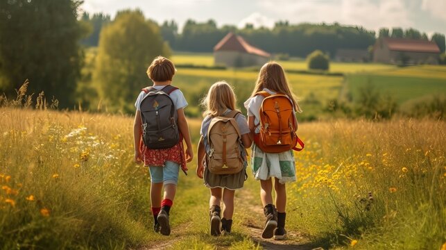 School friends: Joyful trio girls with backpacks walking together after class - education and school concept, Generative AI