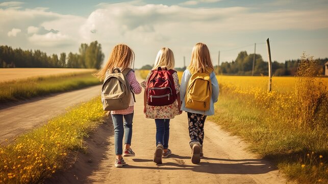 School students walking in the countryside - Unforgettable adventures: school trio explores the world with enthusiasm and wonder - education and school concept, Generative AI
