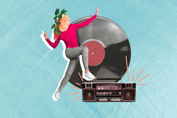Weekend party collag memories of head rose girlfriend listen music boombox recorder vinyl plate...