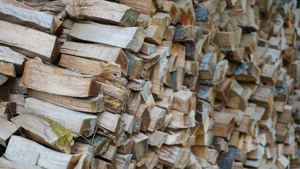 wood for the fire. woodpile prepared for the cold season.