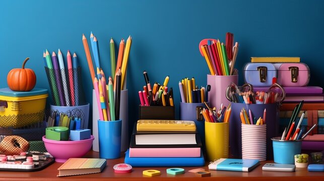 school stationery isolated on blue background - school office supplies, back to school background, Generative AI