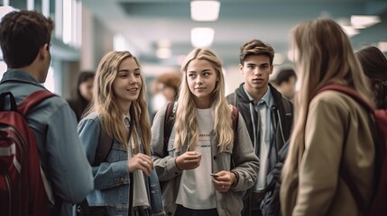 Obraz premium Group of students in the school corridor - Students talking in school corridor - education and school concept, Generative AI