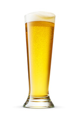 Pilsner glass of fresh yellow beer with cap of foam isolated. Transparent PNG image.