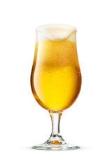 Glass of fresh yellow beer with cap of foam isolated. Overflowing. Transparent PNG image.