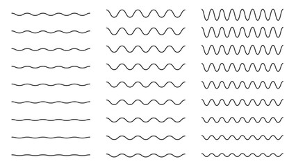 Line horizontal water wave. Wavy sinusoidal outline horizontal divider, wavy smooth ripple stripes, straight and curved line. Vector isolated set