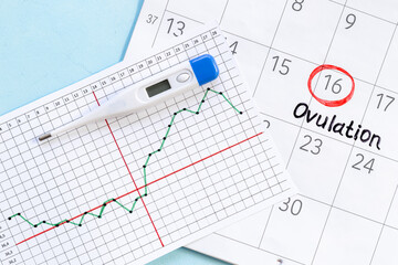 Female period calendar with word Ovulation and thermometer. Pregnancy planning background