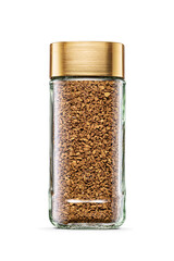 Instant coffee jar with golden lid isolated. Transparent PNG image.