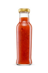 Glass bottle of Thai sweet chili sauce isolated. Transparent PNG image.