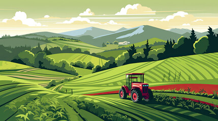 Tractor on a Farm Field Illustration with Rolling Hills