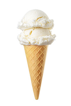 Vanilla ice cream scoops served on a waffle cone isolated. Transparent PNG image.