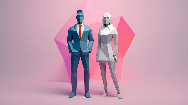 Generative AI illustration of low poly businessman and businesswoman against a pink background