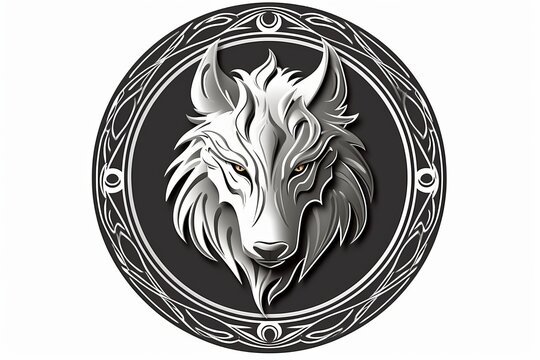 Silver wolf emblem on white logo background, Generative AI