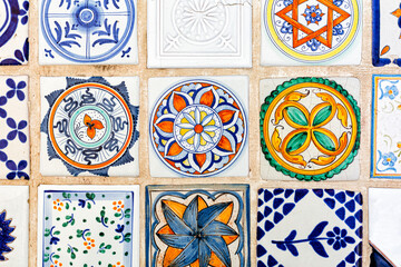 Beautiful italian maiolica background, tin-glazed tiles decorated in colours on a white background....