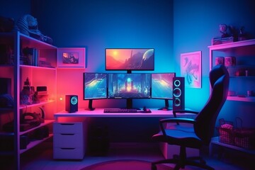 Gamer setup with PC and gradient backdrop, Generative AI