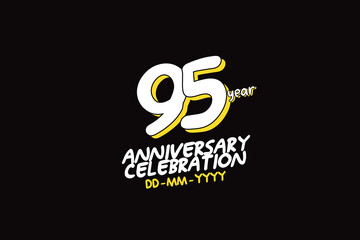 95th, 95 years, 95 year anniversary with white character with yellow shadow on black background-vector