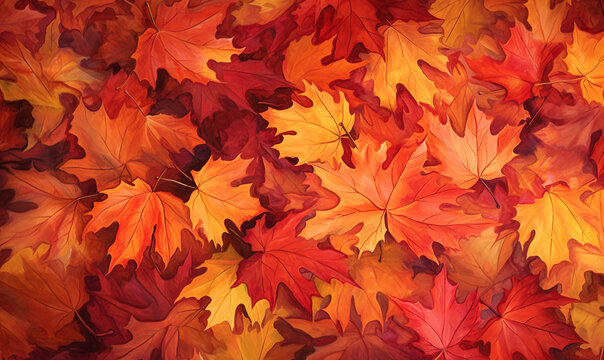 Flat lay autumn background of fallen leaves in warm colors, red, golden yellow and orange illustrated leaves. A leaf falling from a tree, a symbol of autumn. Illustration. Generative AI.