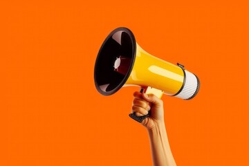 Hand holding megaphone, marketing and sales, orange background, Generative AI - obrazy, fototapety, plakaty