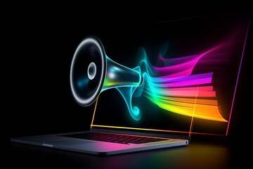 Laptop screen shows megaphone, neon lights on dark background, Generative AI