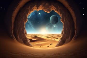 Mystical desert portal with dunes, Milky Way above, Generative AI