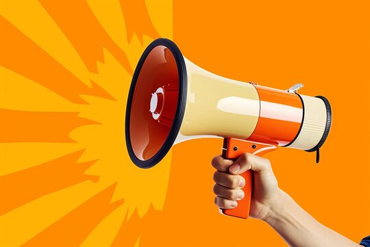 Hand holding megaphone, marketing and sales, orange background, Generative AI