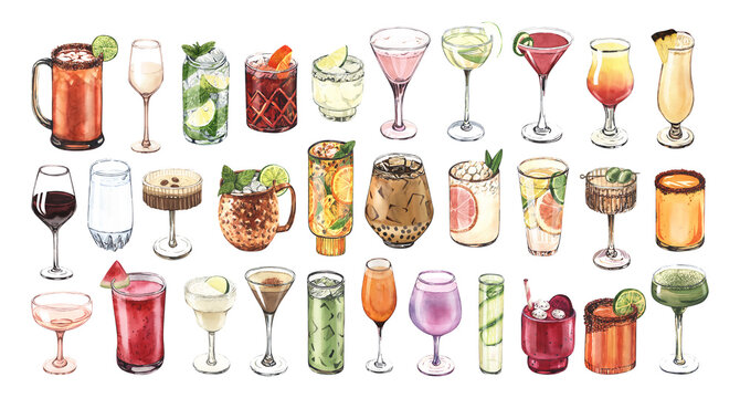 Watercolor cocktail glasses set: martini, gin, wine, margarita, goblet, liquor, rum. Hand-drawn illustration isolated on white background. Perfect for recipe lists with alcoholic drinks, for cafe
