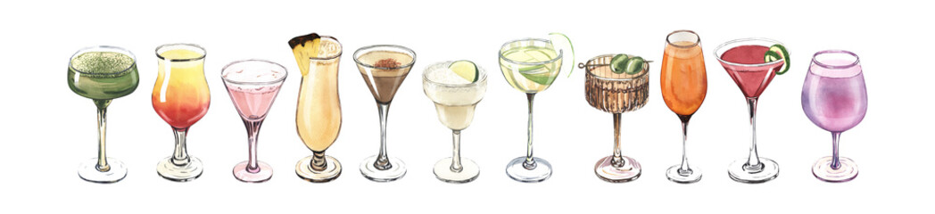 Watercolor cocktail glasses set: martini, gin, wine, margarita, goblet, liquor, rum. Hand-drawn illustration isolated on white background. Perfect for recipe lists with alcoholic drinks, for cafe