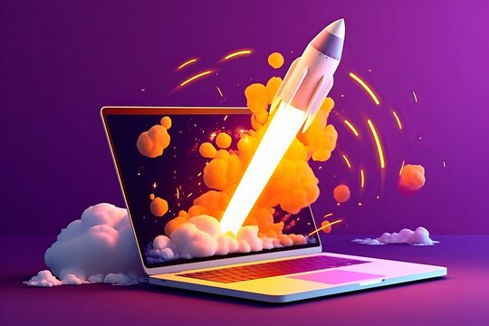 Purple background with laptop and rocket, Generative AI