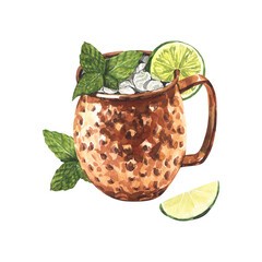 Watercolor moscow mule cocktail with lime and mint leaves ice, in a copper mug. Hand-drawn illustration isolated on white background.Perfect for recipe lists with alcoholic drinks, brochures for cafe