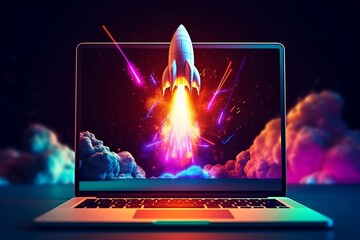Laptop screen rocket startup with neon background, Generative AI