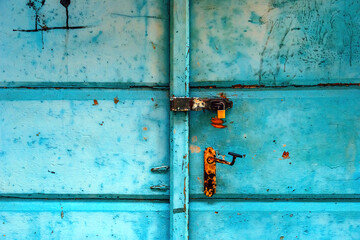 Old worn wooden door with rusty handle and padlock