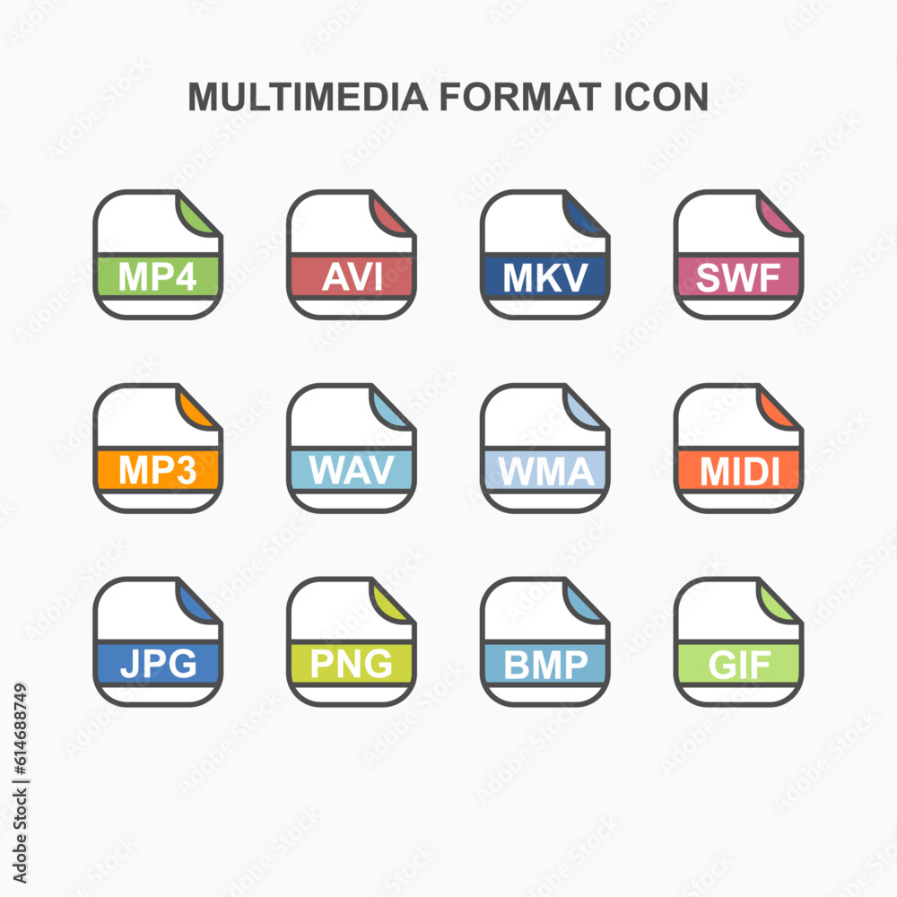 Poster set of multimedia file extension, rounded square icon with text - format extension icon vector illus