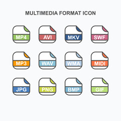 Set of Multimedia File Extension, Rounded Square Icon with Text - Format Extension Icon Vector Illustration.